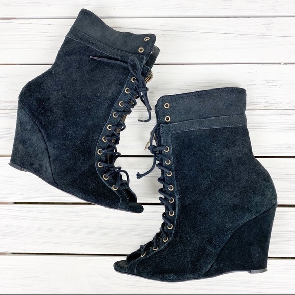 Joie Black Suede Lace Up Peep Toe Wedge Booties 39 - Picture 4 of 8